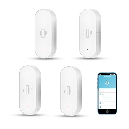 Smart Vibration Sensor: Wireless Glass Break Detector, WiFi Door Sensor with App Alerts, Adjustable Sensitivity, Glass Break Security Sensor for Alarm System and Smart Home Automation (4-Pack)
