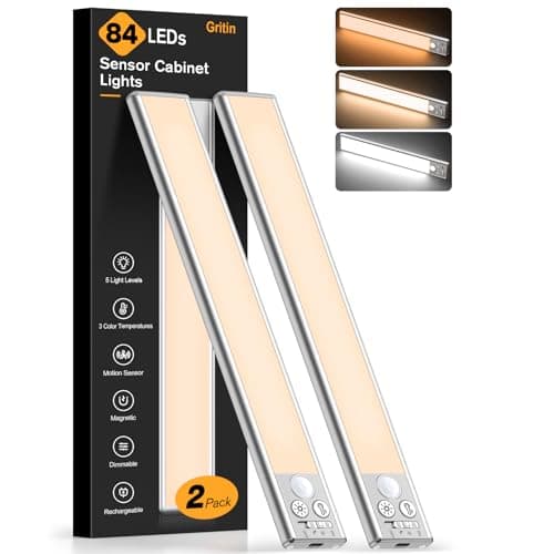 Gritin 10.2inch Under Cabinet Lighting Rechargeable 2 Pack- 3 Color Temps&5 Level Brightness, Super Bright, 4 Modes, Long Lasting - Easy Installation Magnetic Under Closet Lights
