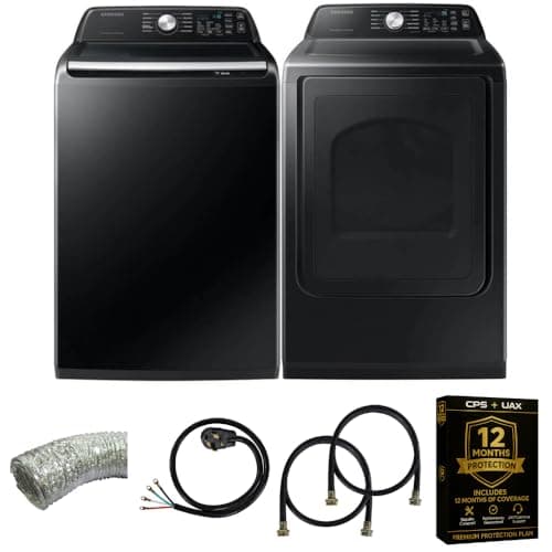 Samsung White Top Load High-Efficiency Smart Washer/Dryer Pair 4.7 Cu Ft Washer 7.4 Cu Ft Electric Dryer with Vent Power Cable 2 Water Hoses and 12 Month CPS Protection Plan