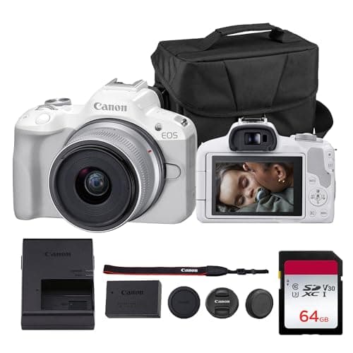 Canon EOS R50 Mirrorless Camera Kit – APS-C RF Camera with 18-45mm Lens, 4K Video, Dual Pixel AF II & Vari-Angle Touchscreen (5812C012) + Shoulder Bag + 64GB Memory Card