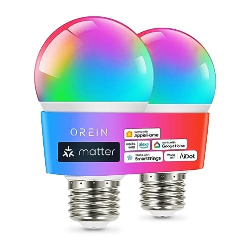 OREiN Matter Smart Light Bulb, Smart Light Bulbs Work with Apple Home, Alexa, Google Home, SmartThings, A19 Color Changing Light Bulbs 2.4Ghz WiFi, 800 Lumens Equivalent 60W 2Pack