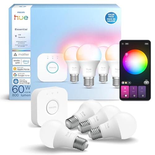 Philips Hue Essential Starter Kit: Bridge + 4 Essential E26 Smart Bulbs,White & Color Ambiance,2200K-6500K,Dimmable,Compatible with Alexa,Google,Samsung SmartThings,Apple Home