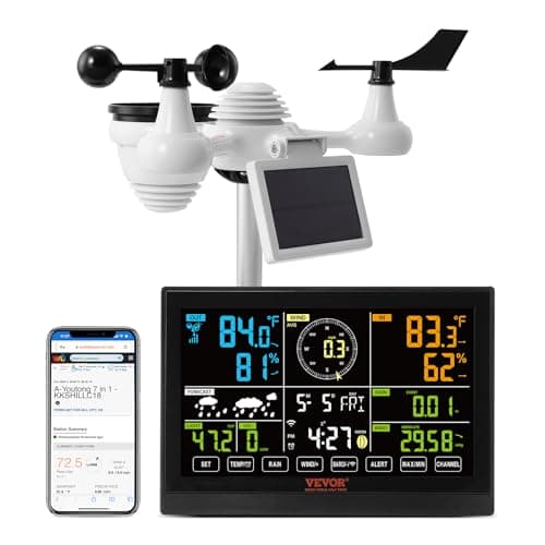 VEVOR YT60234 WiFi Weather Station 7-in-1, Weather Stations WiFi Indoor Outdoor, 7.5" Color Display for Weather Forecast, Temperature, Humidity, UV, Air Pressure, Wind Speed&Direction, Rain, Alarm