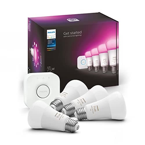 Philips Hue Smart Light Starter Kit - Includes (1) Bridge and (4) 75W A19 E26 LED Smart White and Color Ambiance Bulbs - Control with App - Compatible with Alexa, Google Assistant, and Apple HomeKit