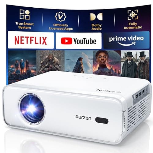 Aurzen EAZZE D1 Smart Projector with WiFi and Bluetooth, Officially-Licensed APP, Auto Focus/Keystone, DoIby Audio 16W Speakers, Native 1080P, 4K Support, Portable Mini Outdoor Movie Projector