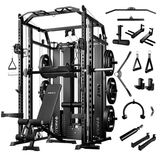 Mikolo Smith Machine with Weight Stack, Power Cage Home Gym System with LAT Pulldown & Cable Crossover, Multi-Functional Trainer with Dual Pulley System, BP 230lbs