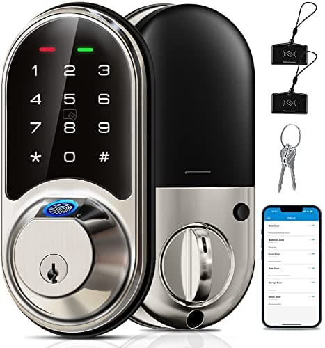 Veise RZ07 Fingerprint Smart Lock, 7-in-1 Smart Locks for Front Door, Keyless Entry Door Lock with App Control, Biometric Electronic Touchscreen Keypad Deadbolt, Satin Nickel