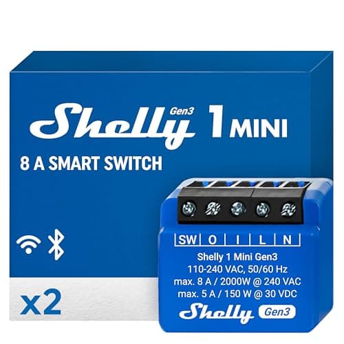 Shelly 1 Mini Gen3, WiFi & Matter Smart Relay Switch with Dry Contacts, 1-Channel 8A, Compatible with Alexa, Home Assistant, SmartThings & Google Home, DYI Garage Door Opener, No Hub Required (2 pack)